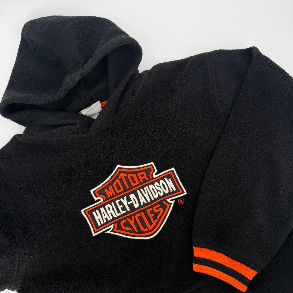 Vintage Harley Davidson Fleece Hoodie Black Orange Striped Bar & Shield Logo L